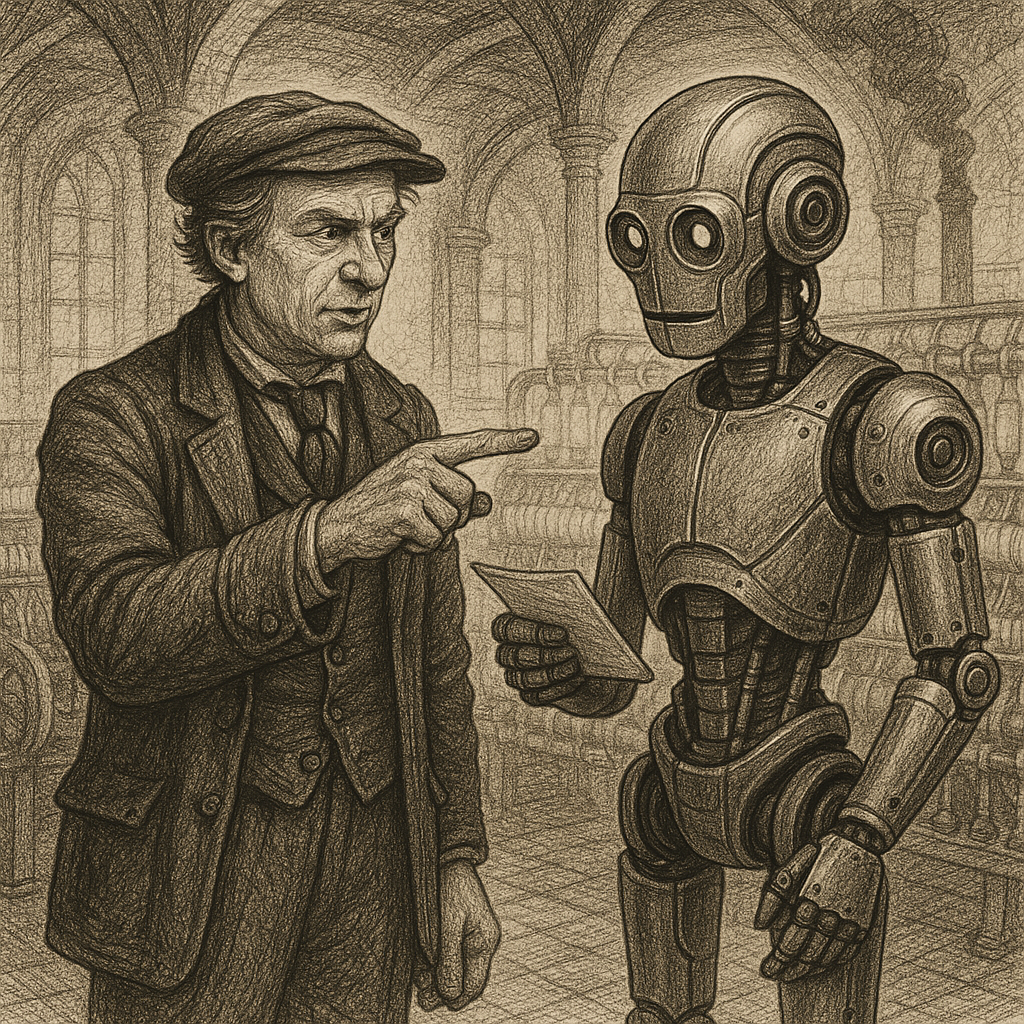Dickension mill worker instructs junior robot