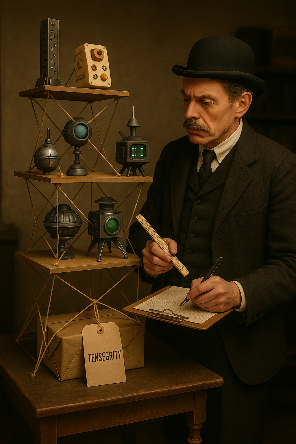 Victorian engineer figuring out tensegrity